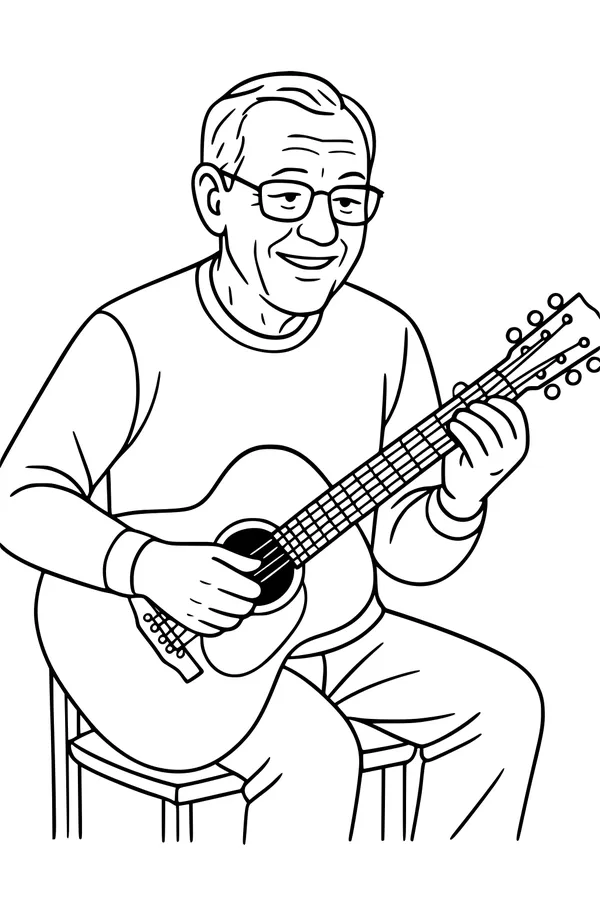 Free Grandpa Coloring Page - Retired Grandpa Playing Guitar (Printable PDF)