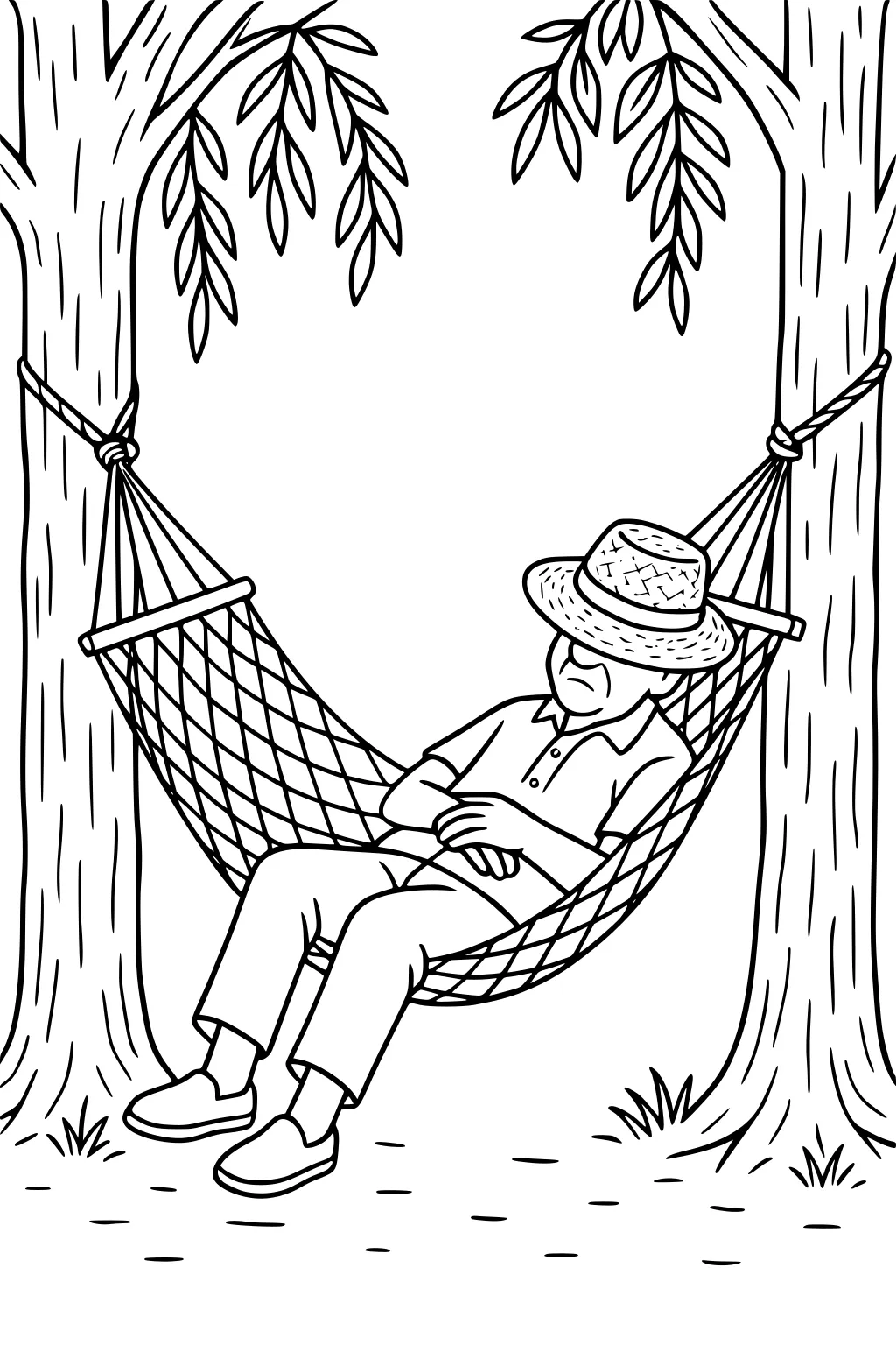 Elderly man in straw hat napping in a net hammock between two trees, with hanging leaves and small grass tufts on the ground.