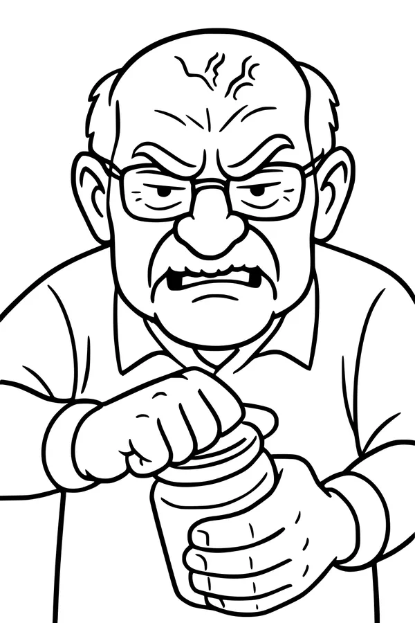 Free Grandpa Coloring Page - Elderly Man Opening Stubborn Jar (Printable PDF)