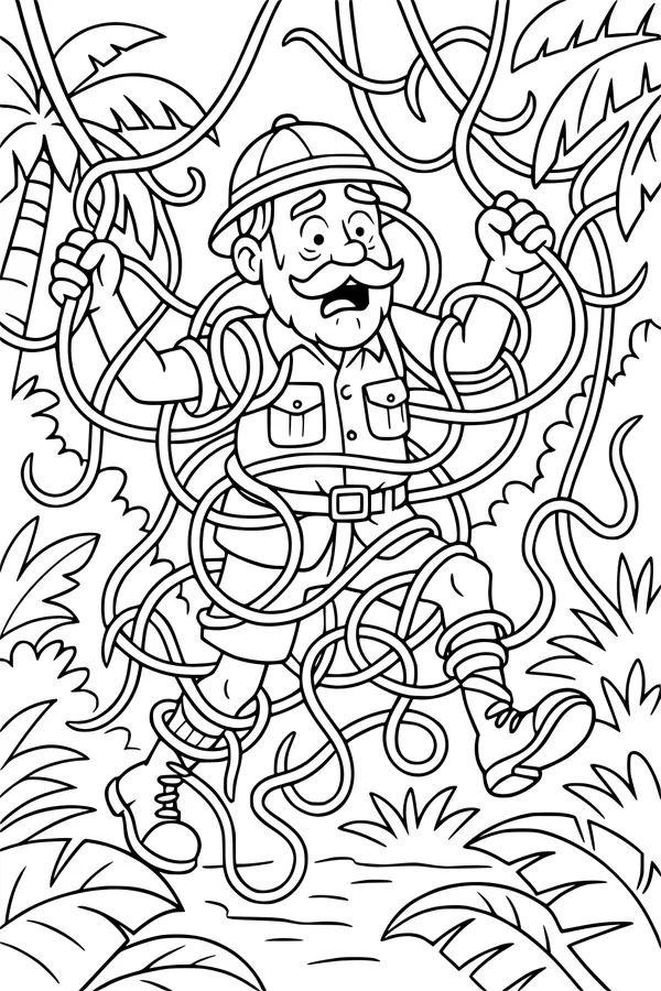 Free Grandpa Explorer Coloring Page - Tangled in Jungle Vines (Printable PDF)