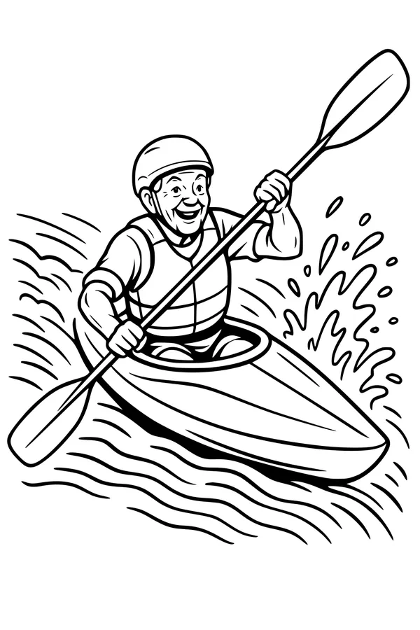 Free Grandpa Kayaking Coloring Page - Retired Senior on Splashy River (Printable PDF)
