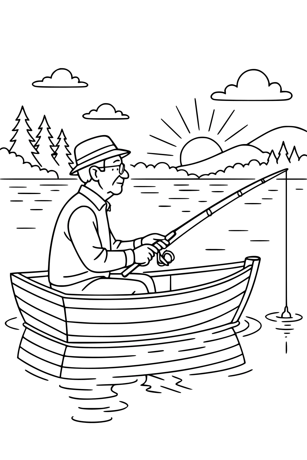 Older man in hat and glasses fishing from a rowboat on a lake at sunrise, bobber floating, mountains, pines, clouds, and water ripples.
