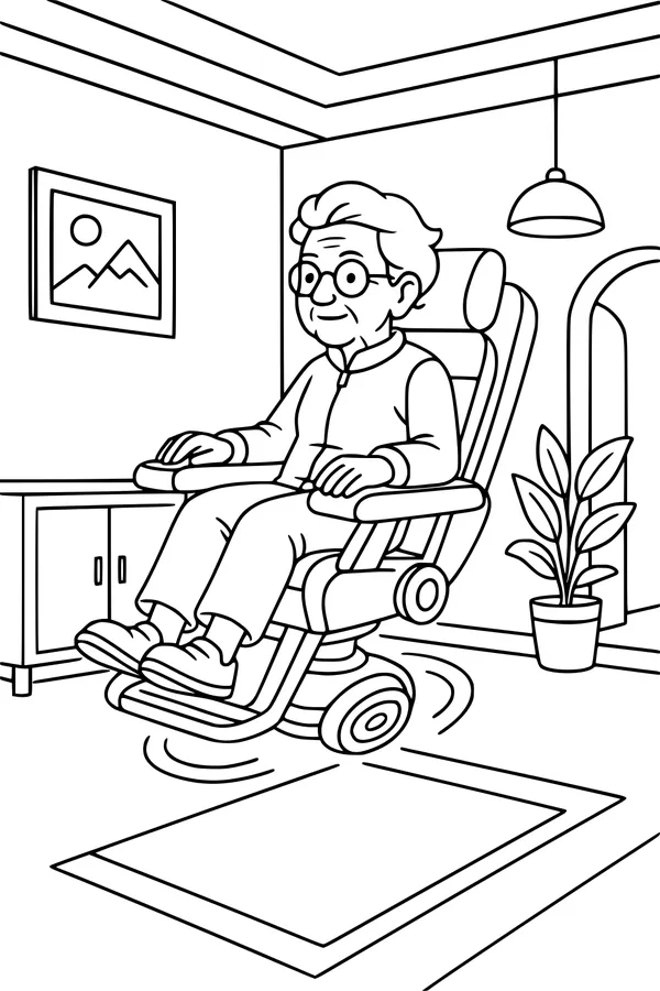 Free Grandpa Coloring Page - Elderly Man in Motorized Chair Indoors (Printable PDF)