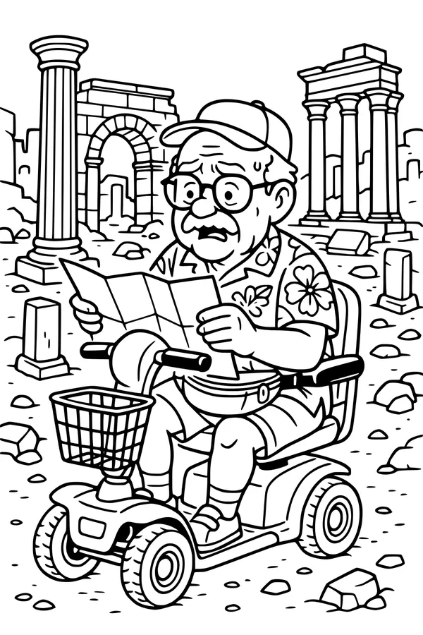 Free Grandpa Coloring Page - Elderly Tourist on Mobility Scooter in Ancient Ruins (Printable PDF)