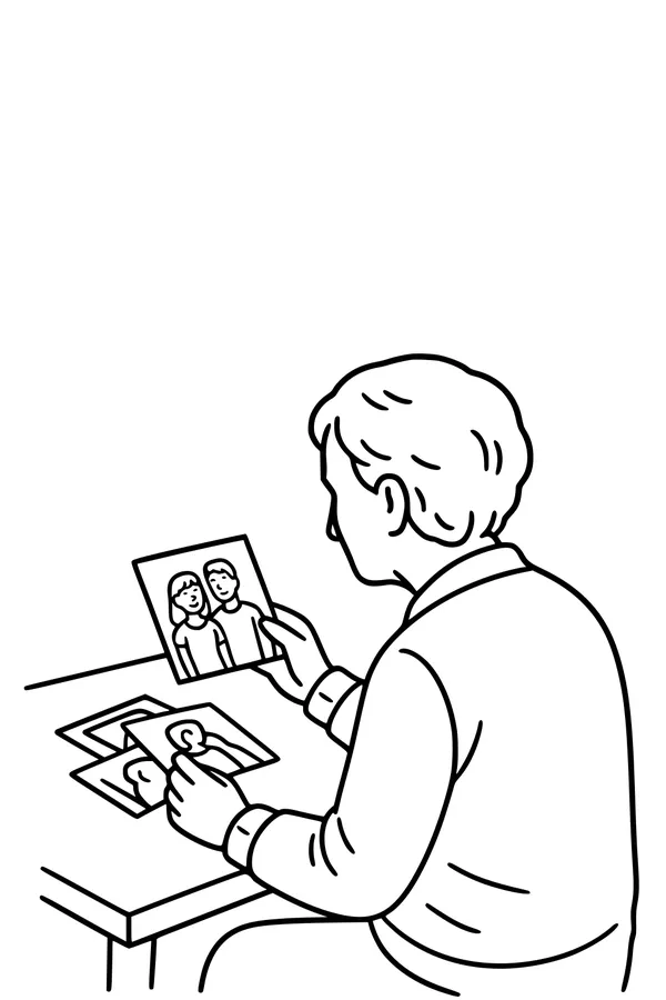Free Grandpa Coloring Page - Elderly Grandfather With Family Photo Memories (Printable PDF)