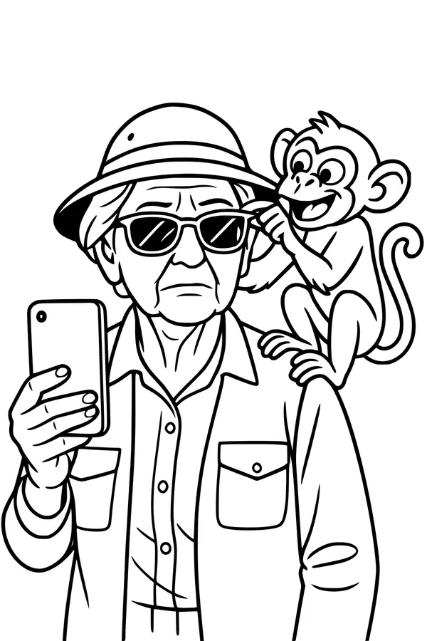 Free Grandpa Coloring Page - Jungle Selfie With Cheeky Monkey (Printable PDF)