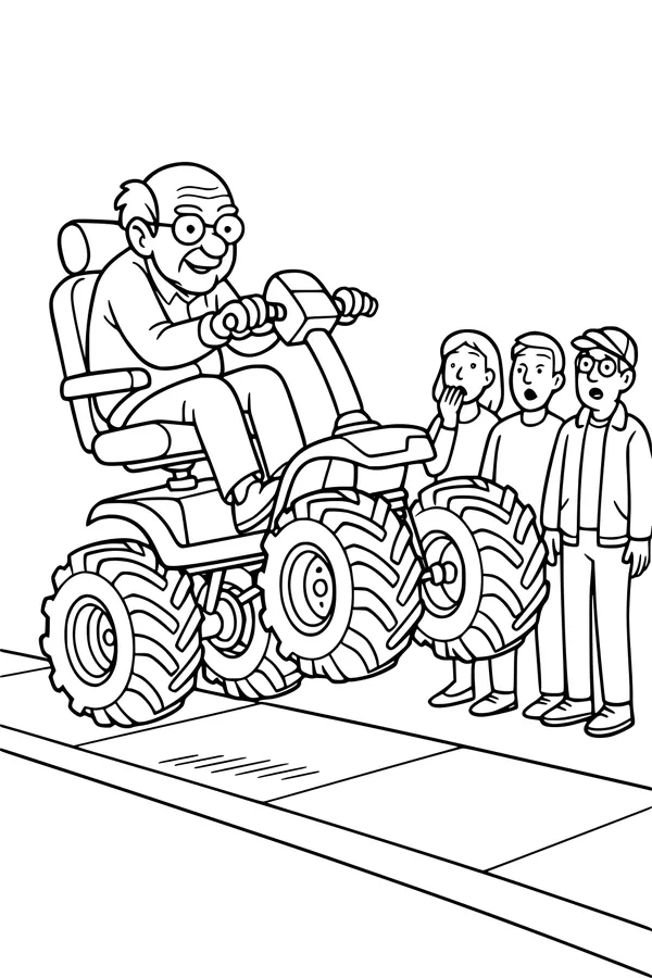 Free Grandpa Coloring Page - Monster Mobility Scooter Ride (Printable PDF)