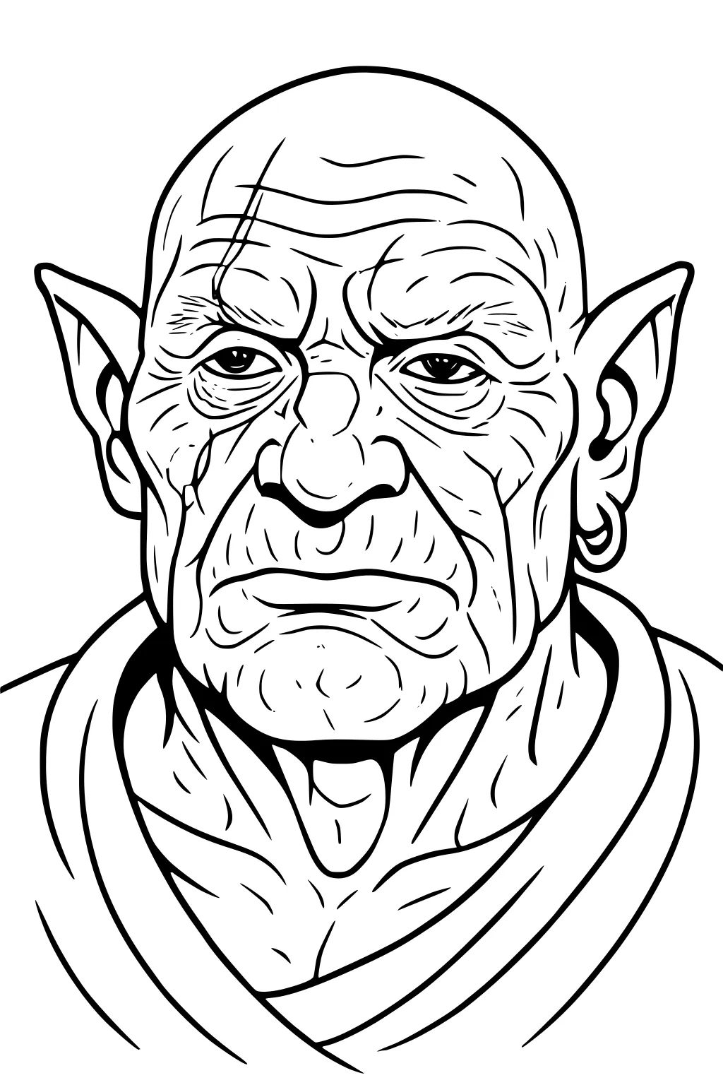 Ogre portrait line art: bald head, wrinkled face, pointed ears, hoop earring, and robe collar, front view.
