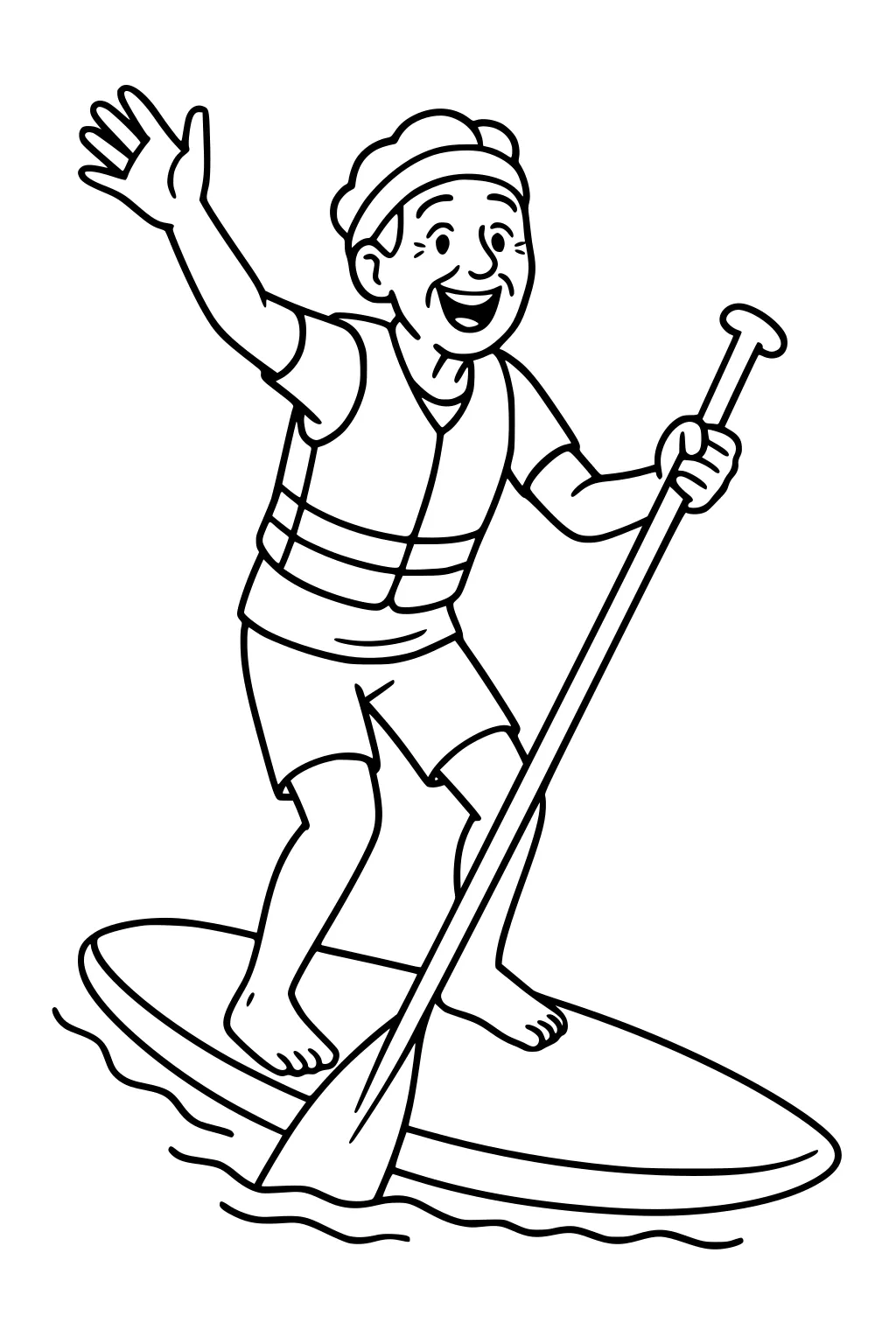 Smiling grandpa in a life vest paddleboards, waving and holding a paddle on a board with small water ripples.