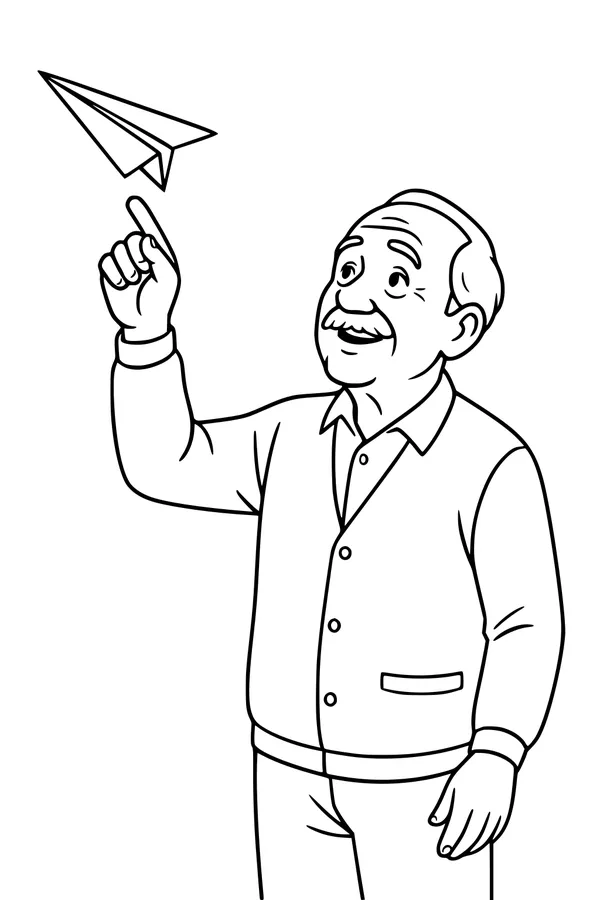 Free Grandpa Retirement Coloring Page - Smiling Senior With Paper Airplane (Printable PDF)