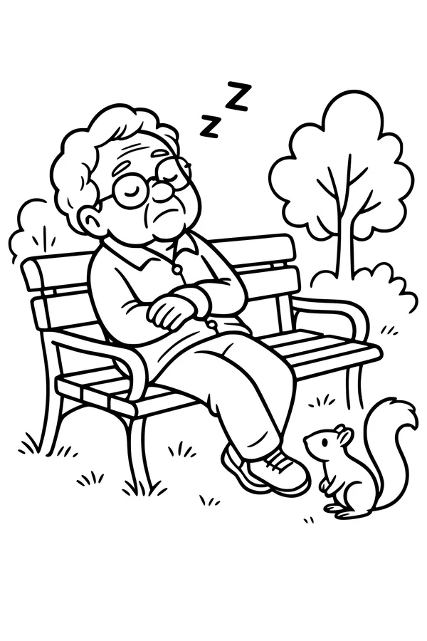 Free Grandpa Coloring Page - Napping On A Park Bench With Squirrel (Printable PDF)