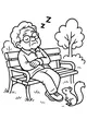 Free Grandpa Coloring Page - Napping On A Park Bench With Squirrel (Printable PDF)