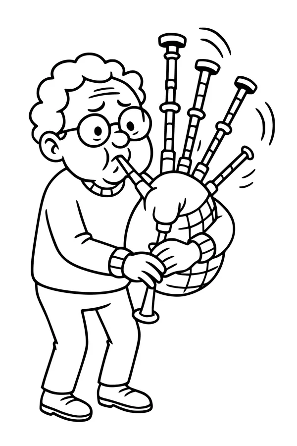 Free Grandpa Coloring Page - Elderly Musician Playing Bagpipes (Printable PDF)