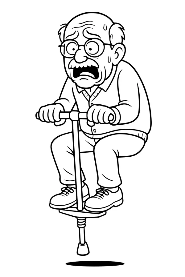 Free Grandpa Coloring Page - Funny Elderly Man on Pogo Stick (Printable PDF)
