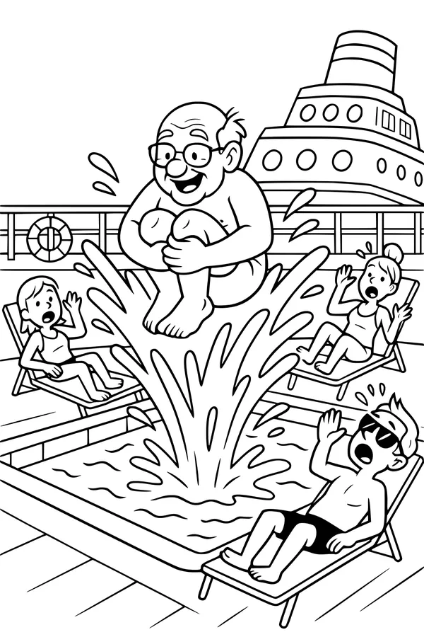 Free Grandpa Coloring Page - Cannonball Splash on Cruise Ship (Printable PDF)