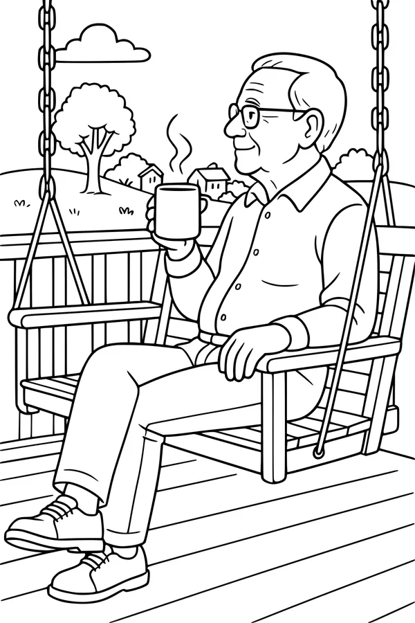 Free Grandpa Retirement Coloring Page - Peaceful Porch Swing Morning (Printable PDF)