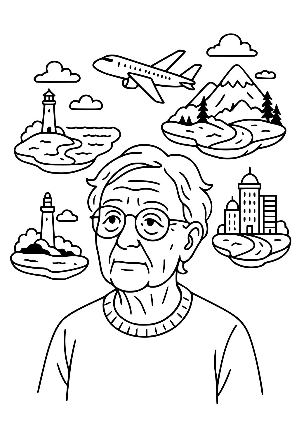 Grandpa with glasses in a sweater, with an airplane, snowy mountains, two lighthouses, a city island, and clouds.