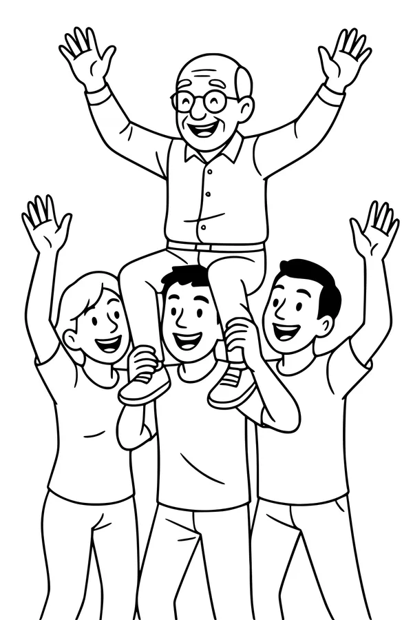 Free Grandpa Retirement Coloring Page - Family Celebration Lift (Printable PDF)