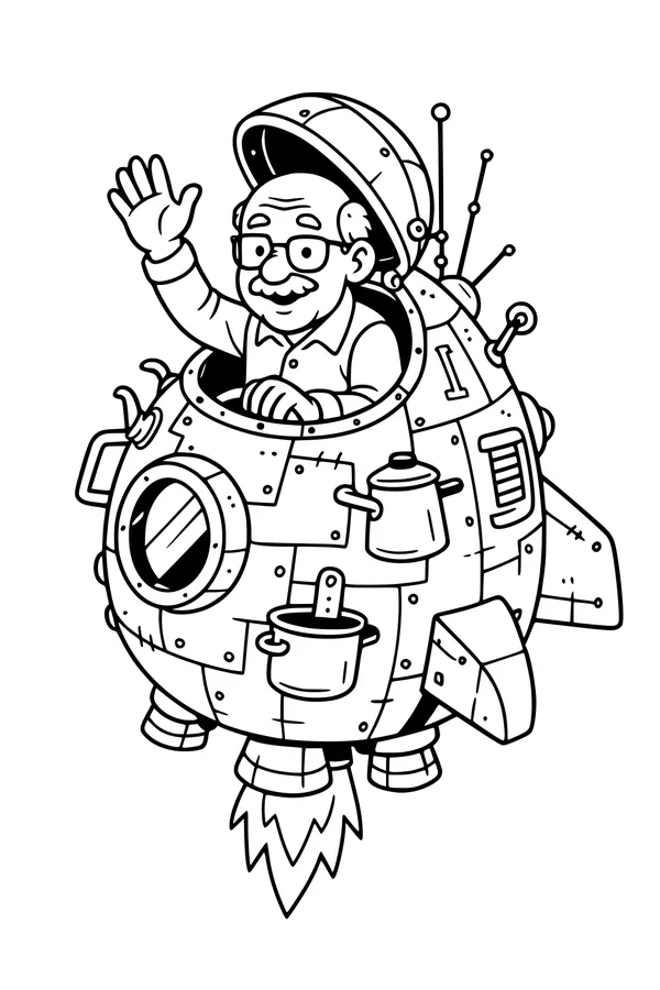 Free Grandpa Coloring Page - Elderly Man Waving From Cartoon Rocket (Printable PDF)