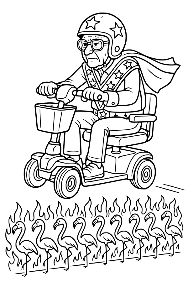 Free Grandpa Coloring Page - Funny Flamingo Scooter Stunt (Printable PDF)