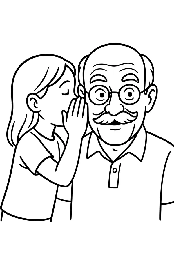 Free Grandpa Coloring Page - Granddaughter Whispering a Secret (Printable PDF)