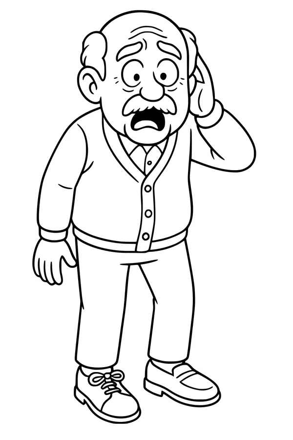 Free Grandpa Coloring Page - Surprised Elderly Man With Mismatched Shoes (Printable PDF)