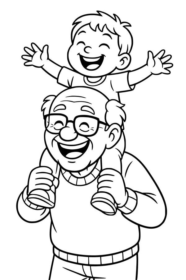 Free Grandpa Coloring Page - Laughing Boy Shoulder Ride (Printable PDF)
