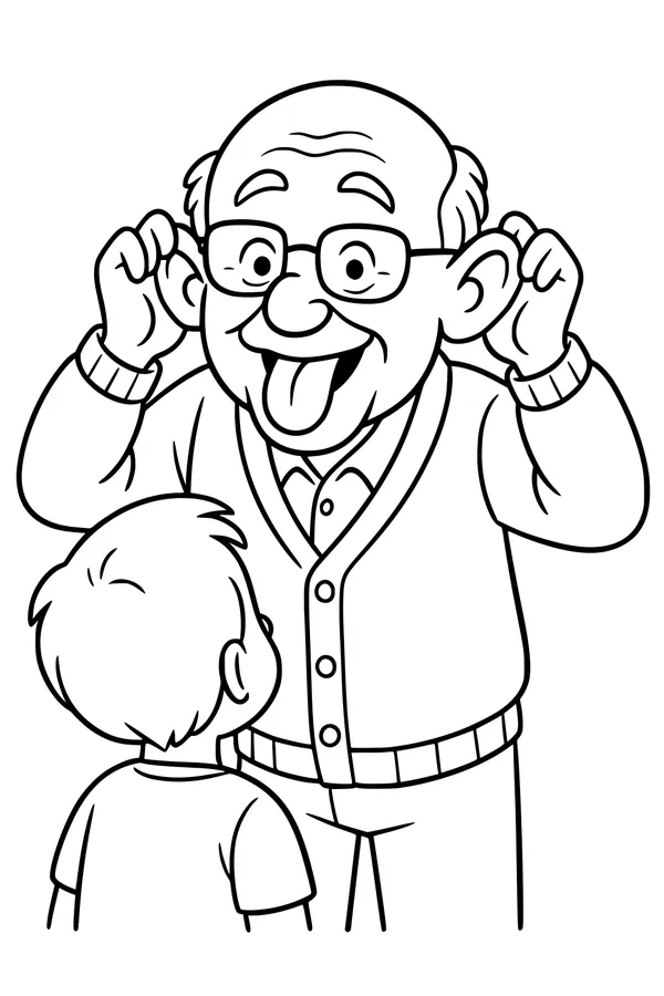 Free Grandpa Coloring Page - Goofy Face With Little Boy (Printable PDF)