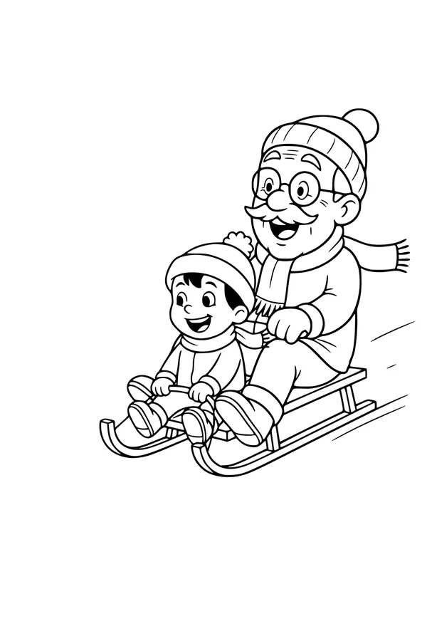 Free Grandpa And Grandson Coloring Page - Winter Sledding Fun (Printable PDF)