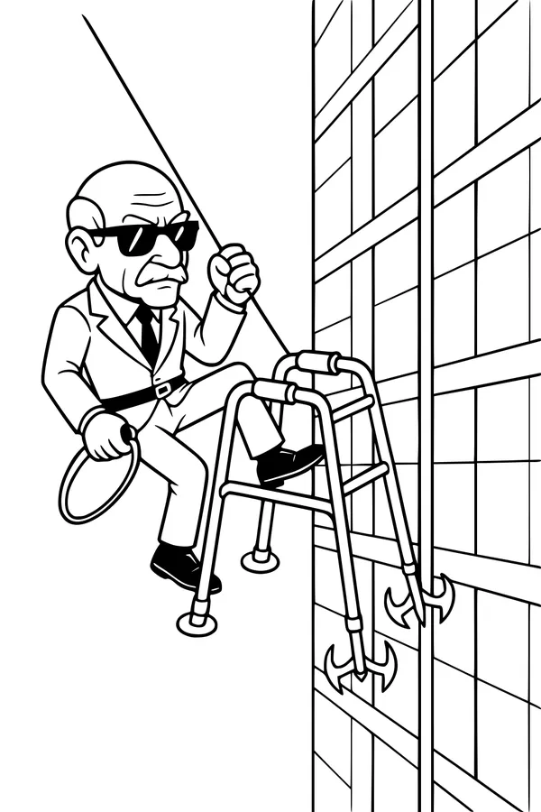 Free Grandpa Spy Coloring Page - Rappelling With Hooked Walker (Printable PDF)