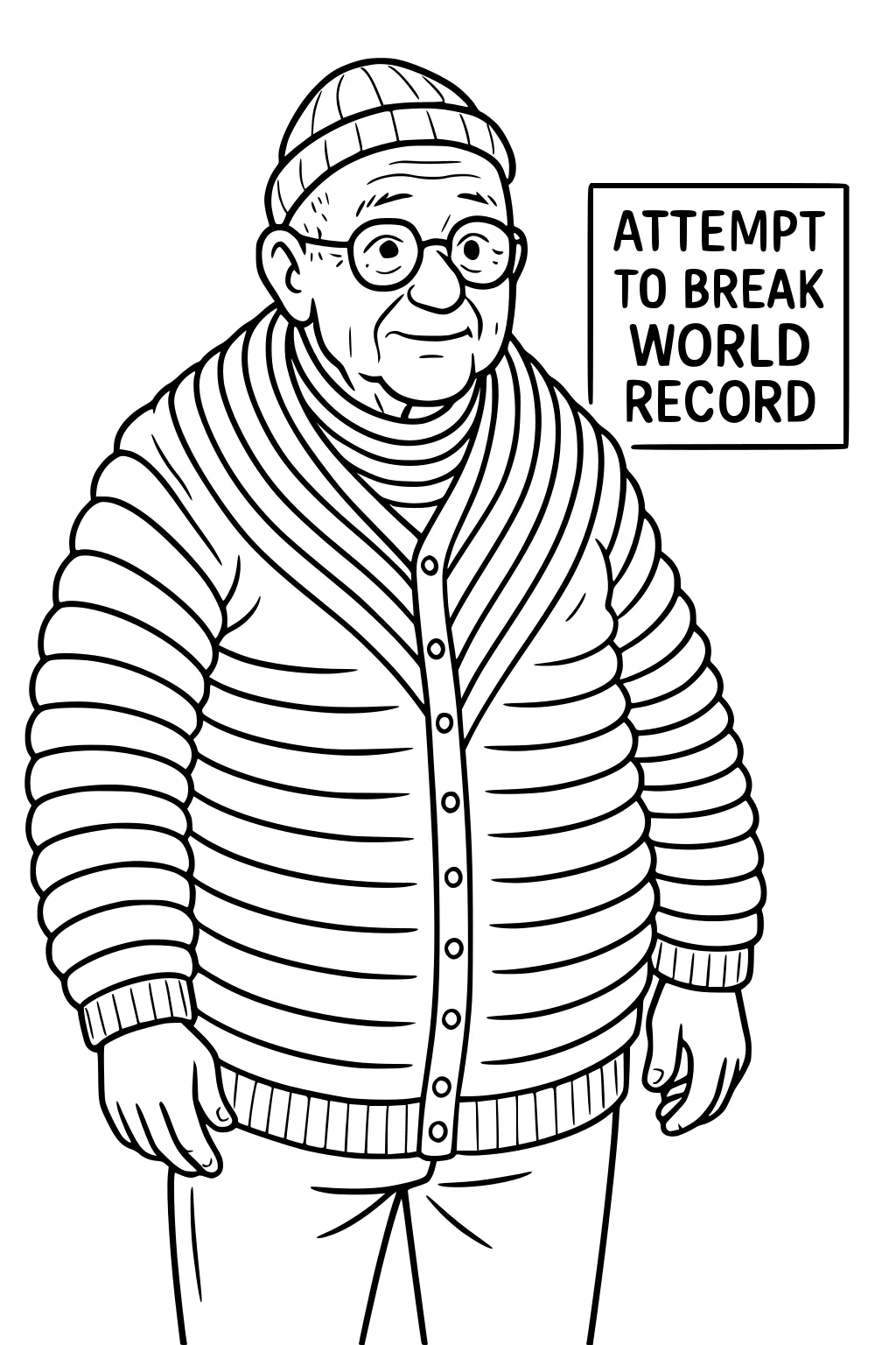 Grandpa in layered sweaters, beanie, and round glasses stands by a sign reading Attempt to Break World Record, hands relaxed.