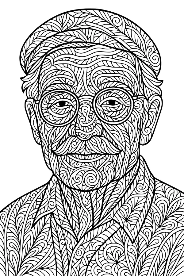 Free Grandpa Coloring Page - Intricate Leafy Portrait With Glasses (Printable PDF)