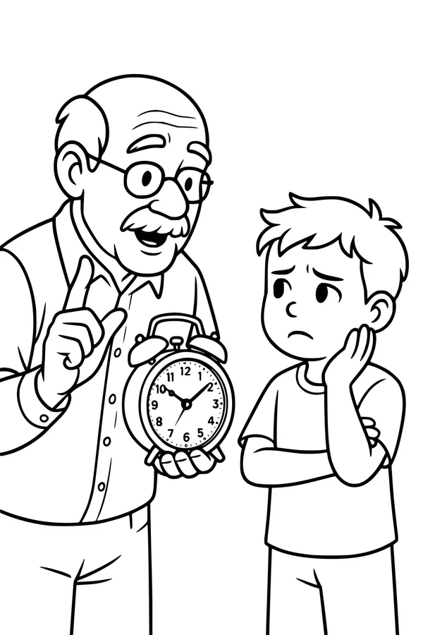 Free Grandpa Coloring Page - Teaching a Boy to Tell Time (Printable PDF)