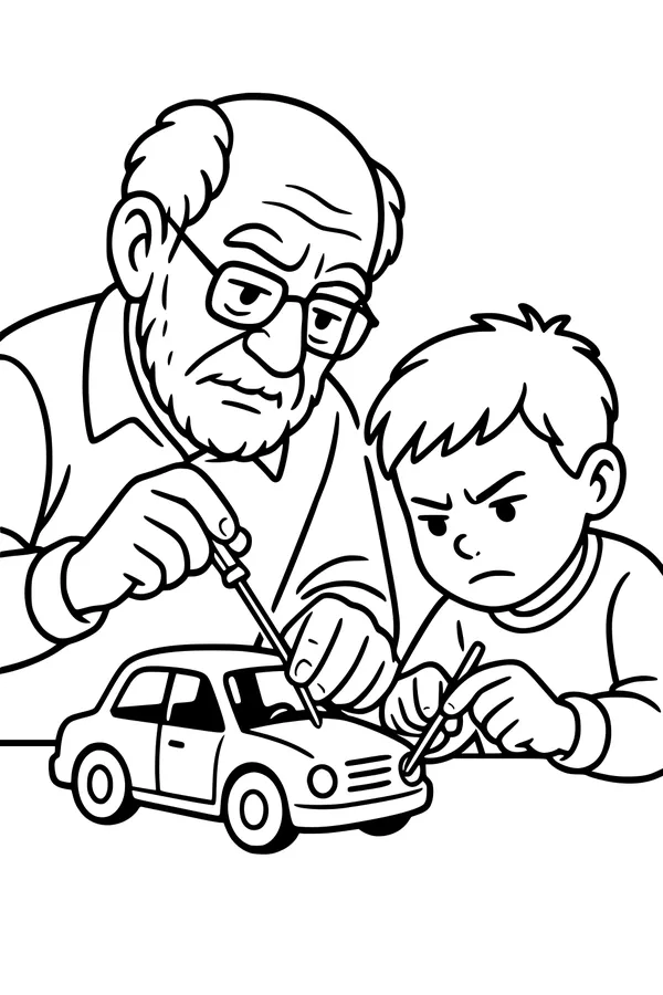 Free Grandpa Coloring Page - Fixing a Toy Car With Grandson (Printable PDF)