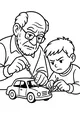 Free Grandpa Coloring Page - Fixing a Toy Car With Grandson (Printable PDF)