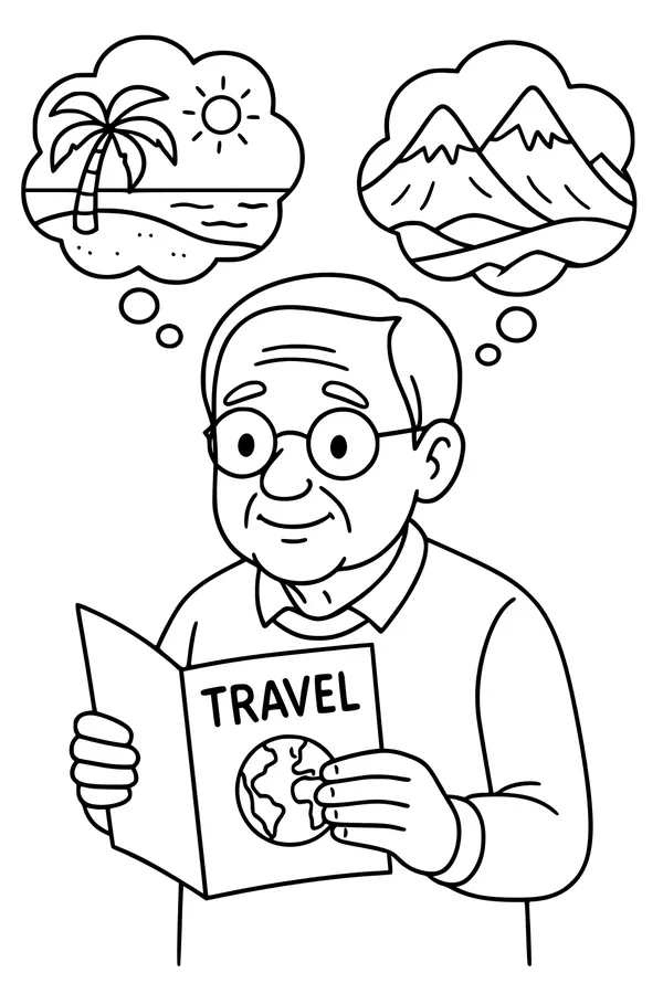 Free Grandpa Retirement Coloring Page - Vacation Daydreaming With Travel Brochure (Printable PDF)