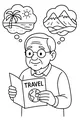 Free Grandpa Retirement Coloring Page - Vacation Daydreaming With Travel Brochure (Printable PDF)