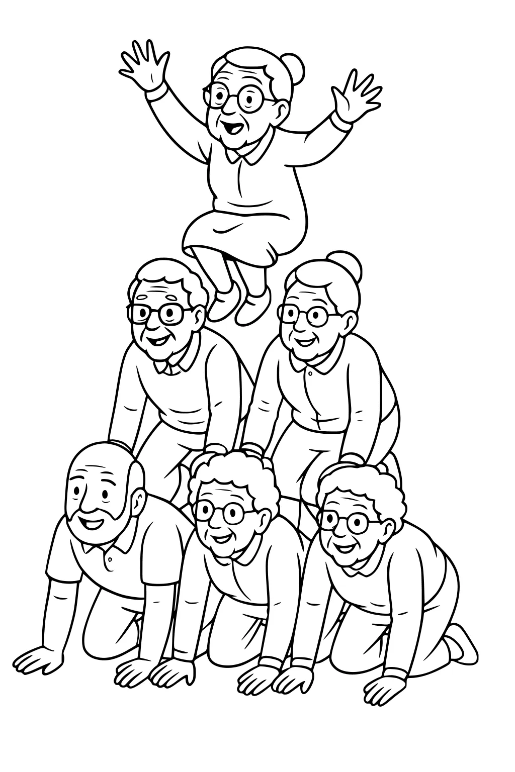 Six smiling grandparents build a human pyramid; three kneel, two crouch, and one grandma on top raises both hands.