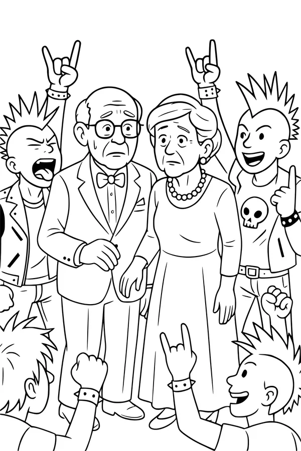 Free Grandparents Coloring Page - Elderly Couple at Rock Concert (Printable PDF)
