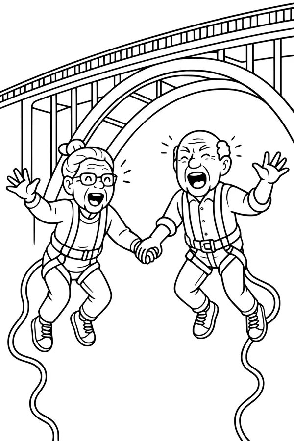 Free Grandparents Coloring Page - Bungee Jumping From Big Bridge (Printable PDF)