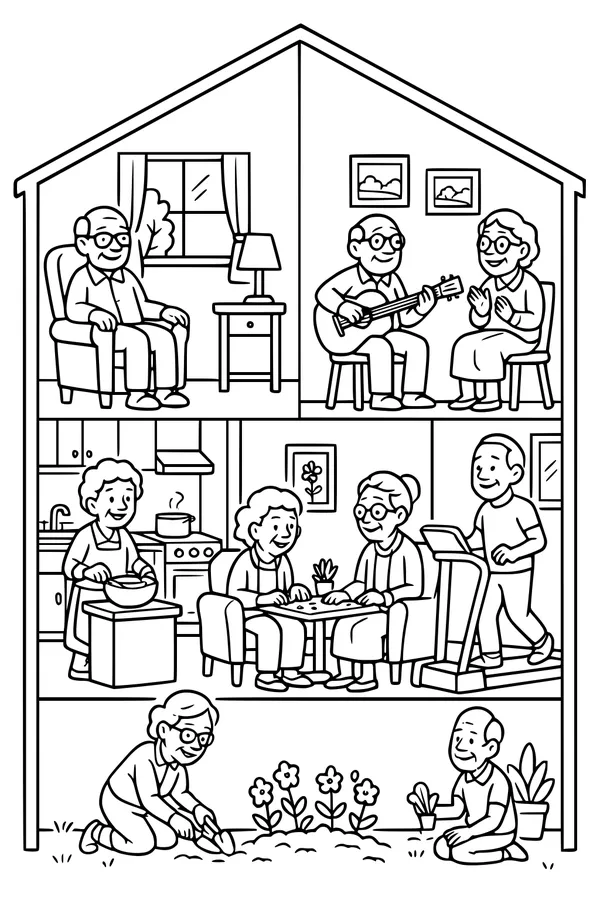 Free Grandparents Coloring Page - Busy Multi-Level House Activities (Printable PDF)