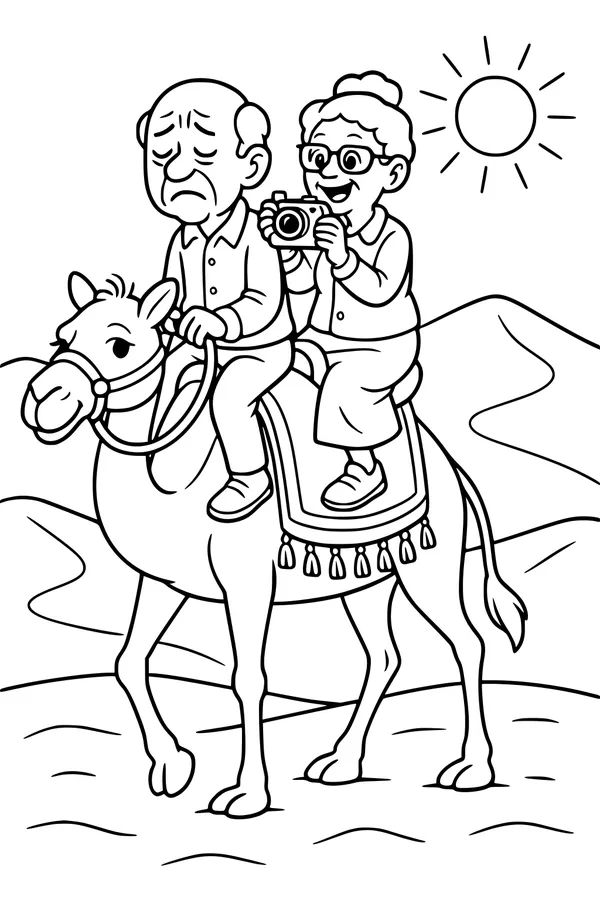Free Grandparents Coloring Page - Riding a Camel in the Desert (Printable PDF)