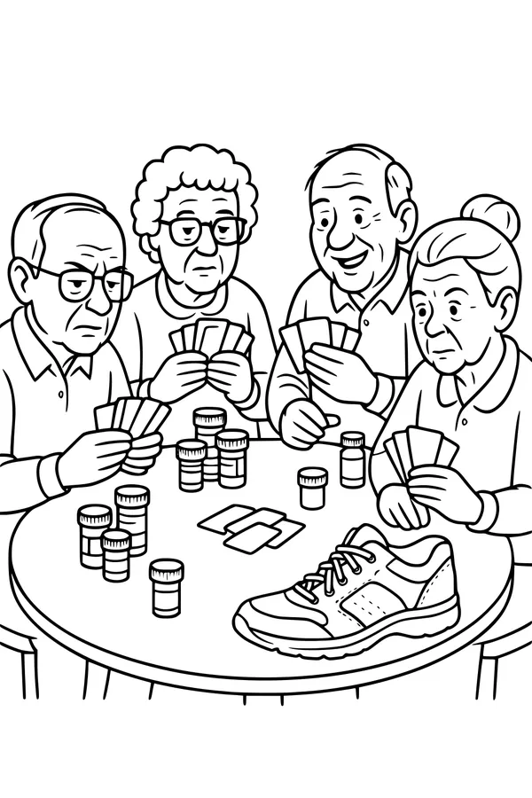 Free Grandparents Coloring Page - Elderly Friends Playing Cards (Printable PDF)