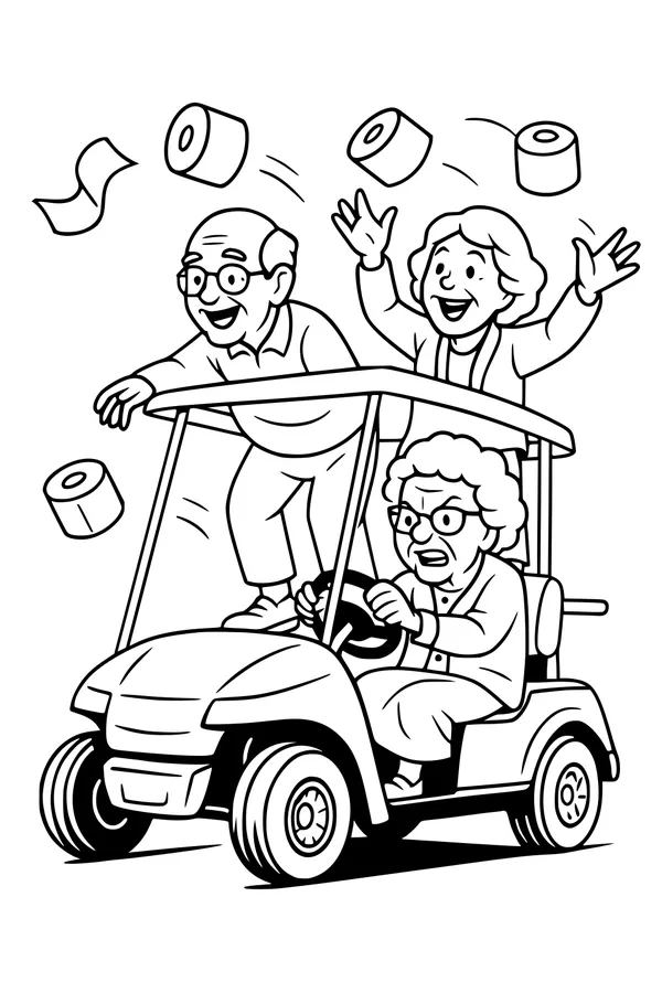 Free Grandparents Coloring Page - Silly Golf Cart Ride (Printable PDF)