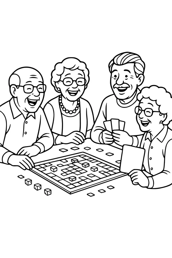 Free Grandparents Coloring Page - Elderly Friends Playing Board Game (Printable PDF)
