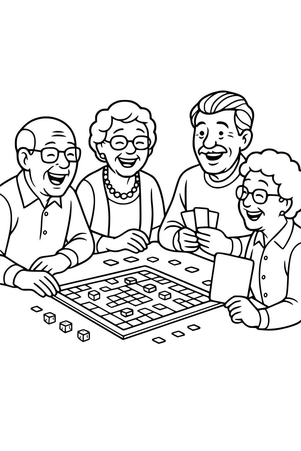Four smiling grandparents play a grid board game with cubes and cards at a table; one grandma wears beads and glasses.