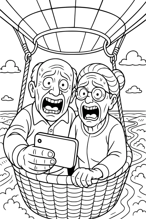 Free Grandparents Coloring Page - Elderly Couple Hot Air Balloon Selfie (Printable PDF)