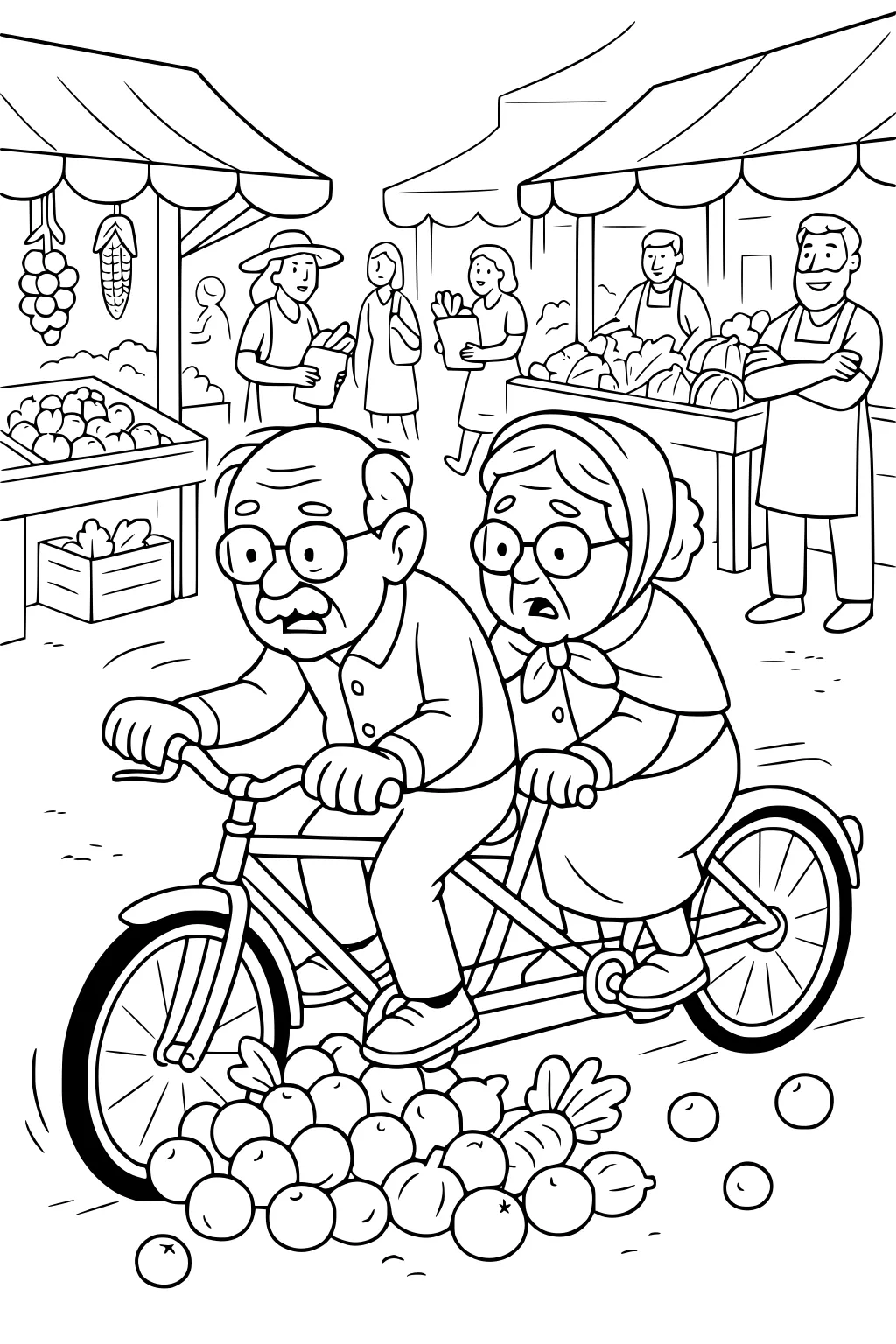 Grandpa and grandma ride a tandem bike at a market, bumping into apples as vendors and shoppers stand by stalls.
