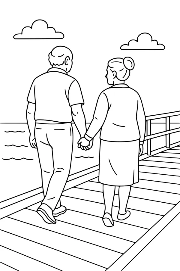 Free Grandparents Retirement Coloring Page - Peaceful Pier Stroll (Printable PDF)