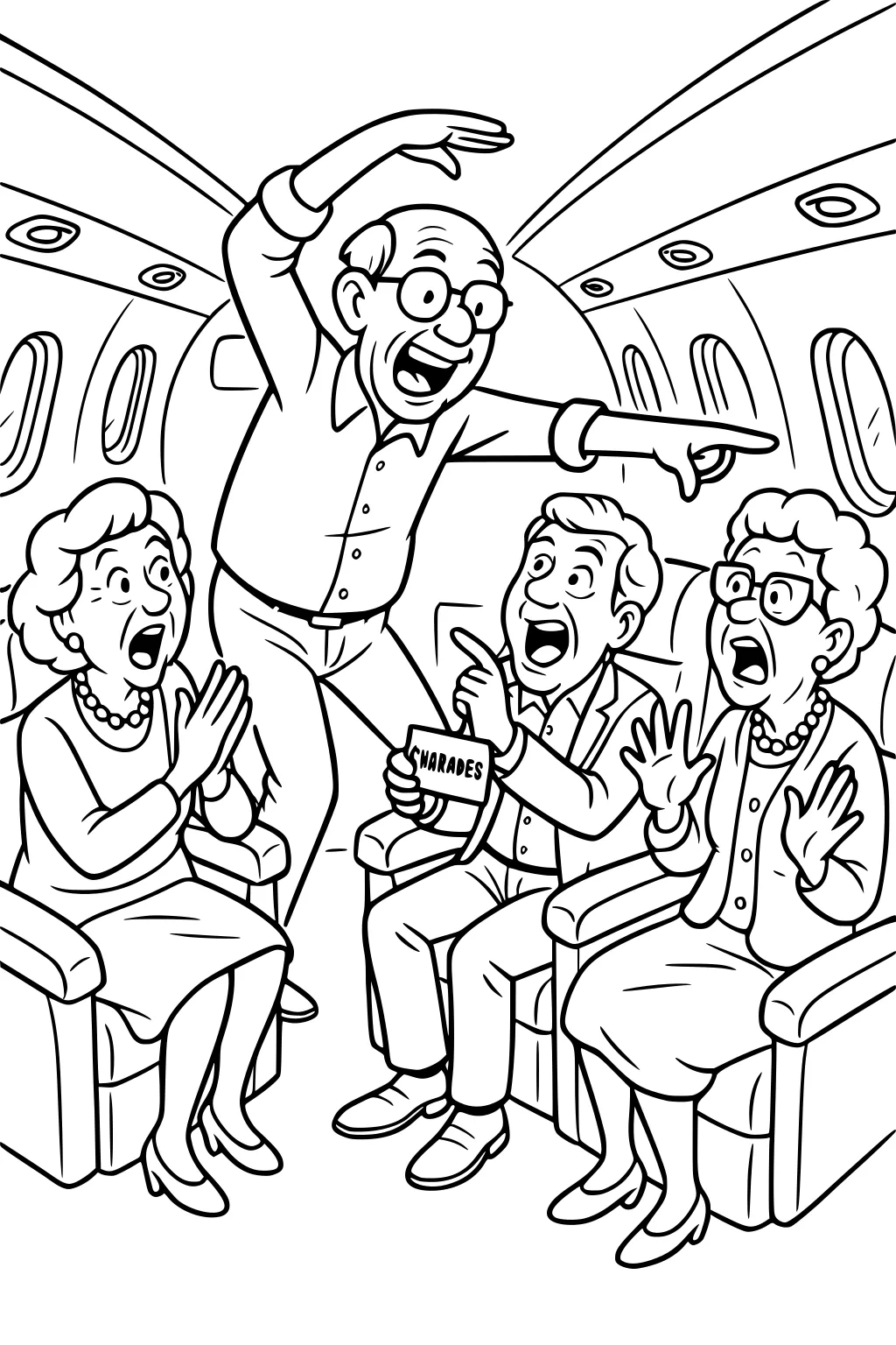 Grandpa performs charades in an airplane aisle as three grandparents react from seats, with round windows and overhead lights.